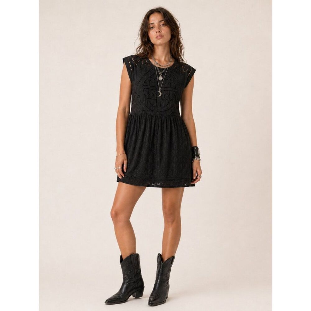 Anthropologie Vanessa Virginia Black Eyelet Embroidered Babydoll Mini Dress XS